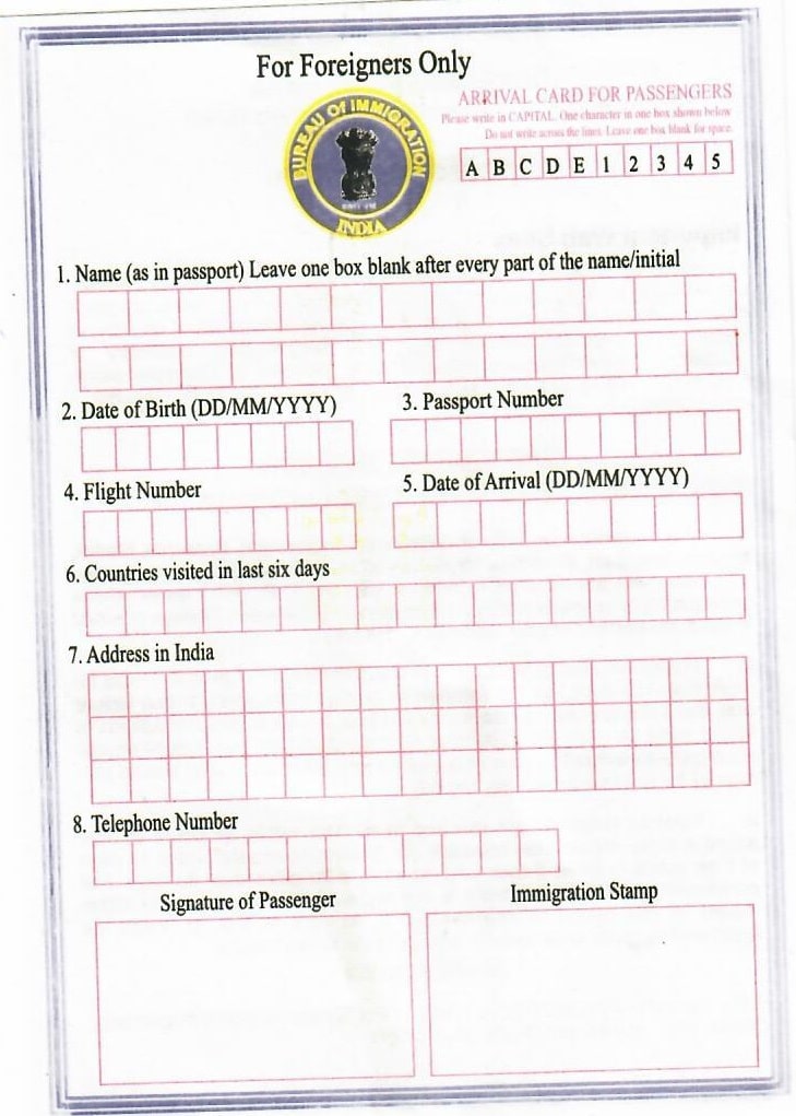 Arrival card for passengers to India