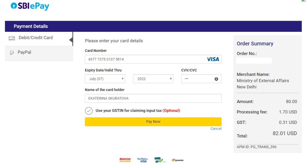 Payment e-visa India